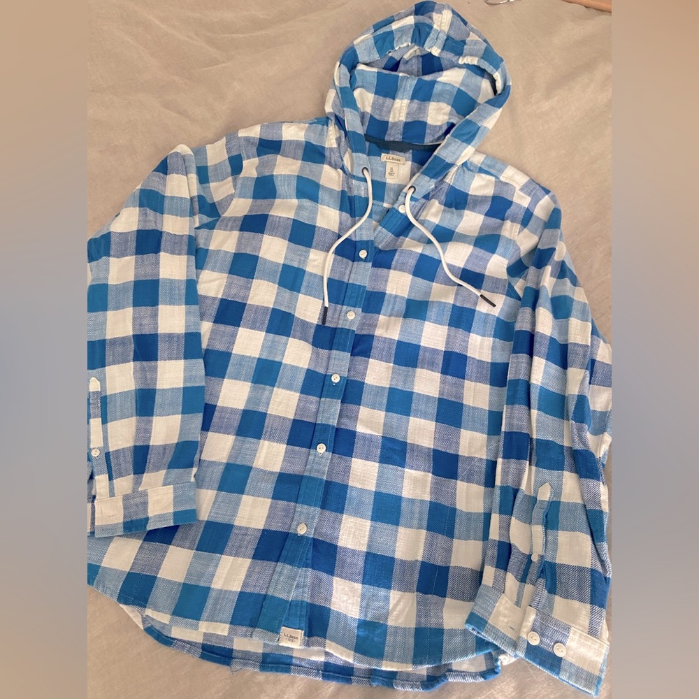 L.L. Bean Blue and White Plaid Hooded Button-Up Shirt